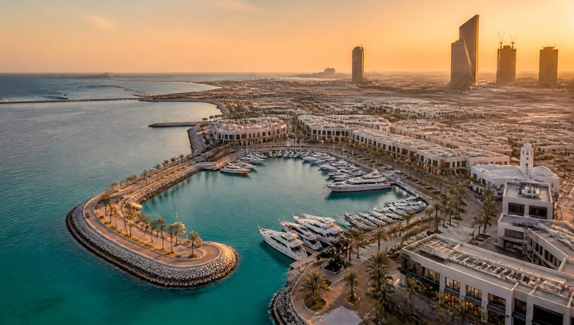 Aerial view of the King Abdullah Economic City marina at sunset